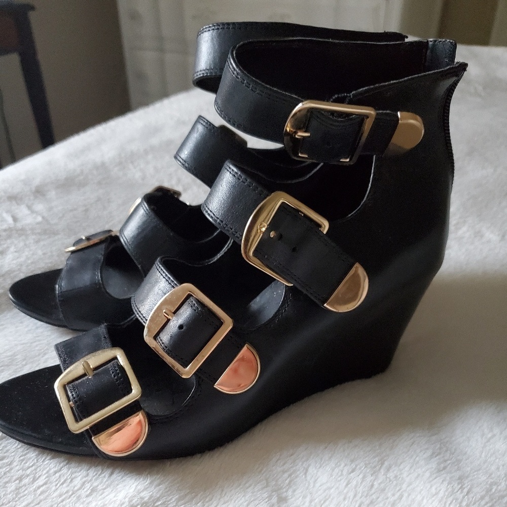 BCBG black wedge gladiator sandals
